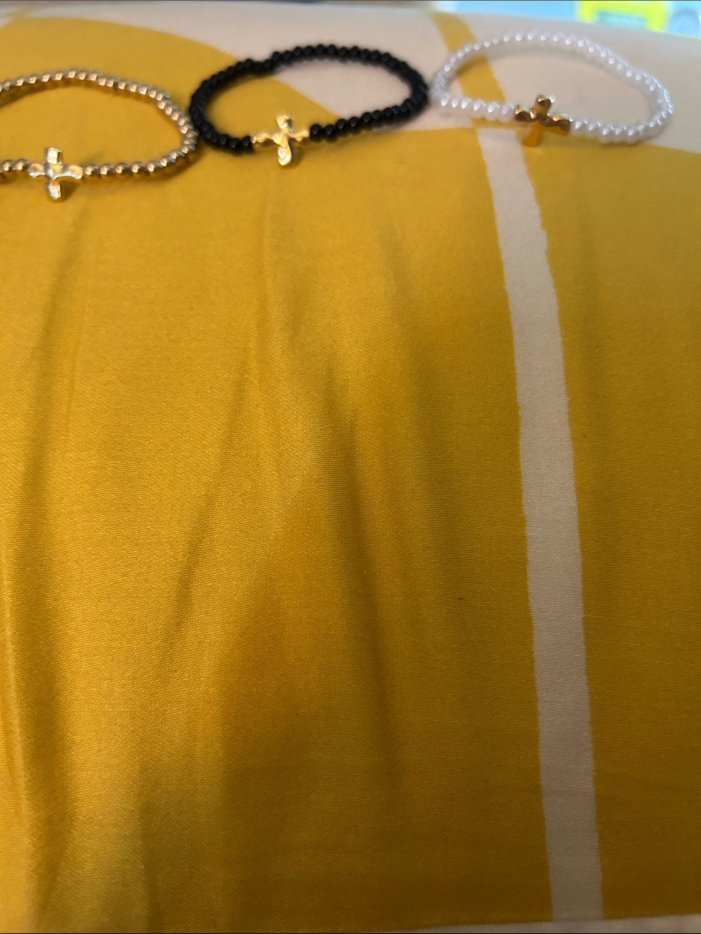 Gold, Black, and White Beaded Cross Bracelet Set NWOT
